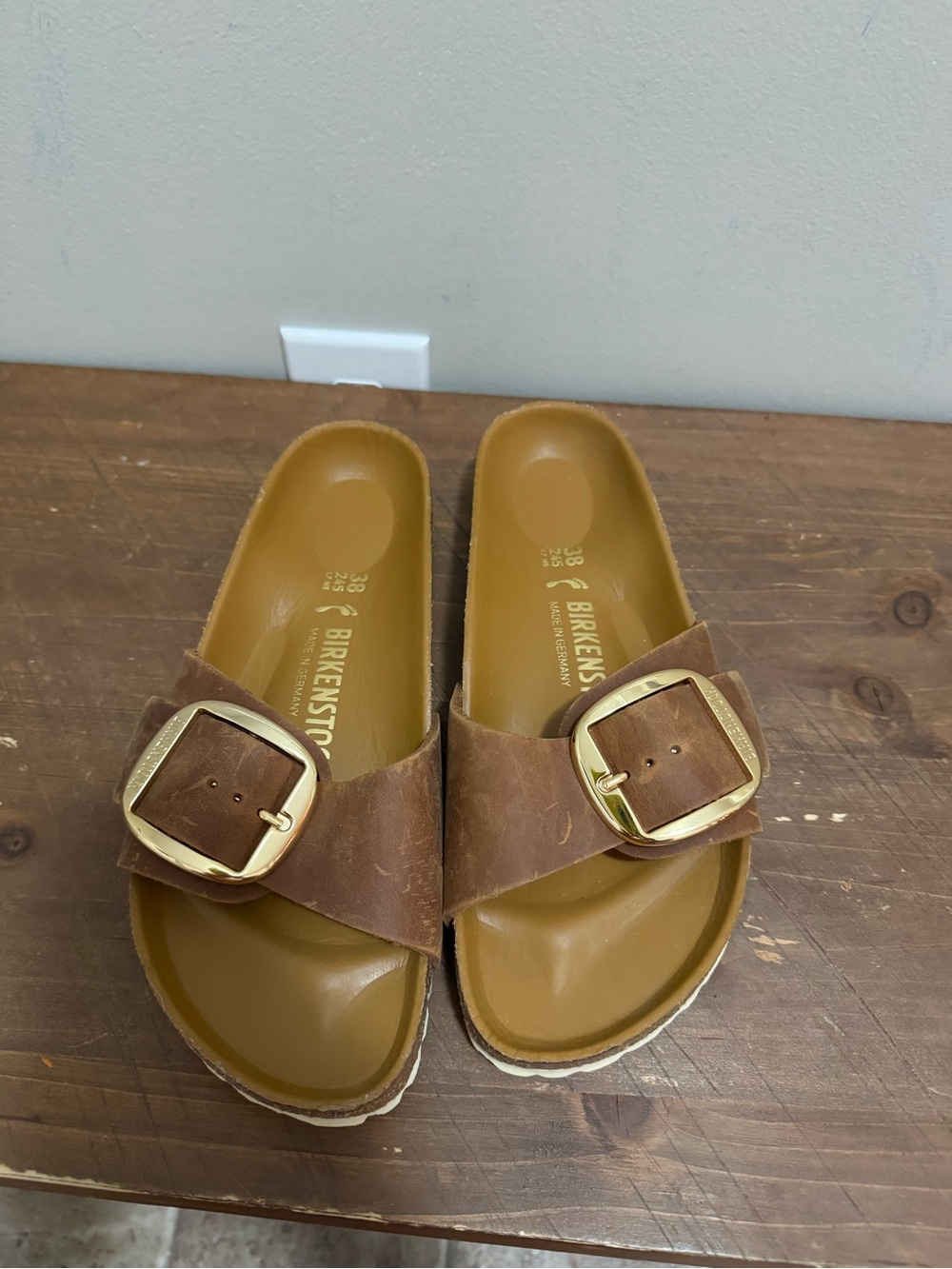 Birkenstock Madrid Big Buckle Slides in Brown with Gold Buckle Size 38